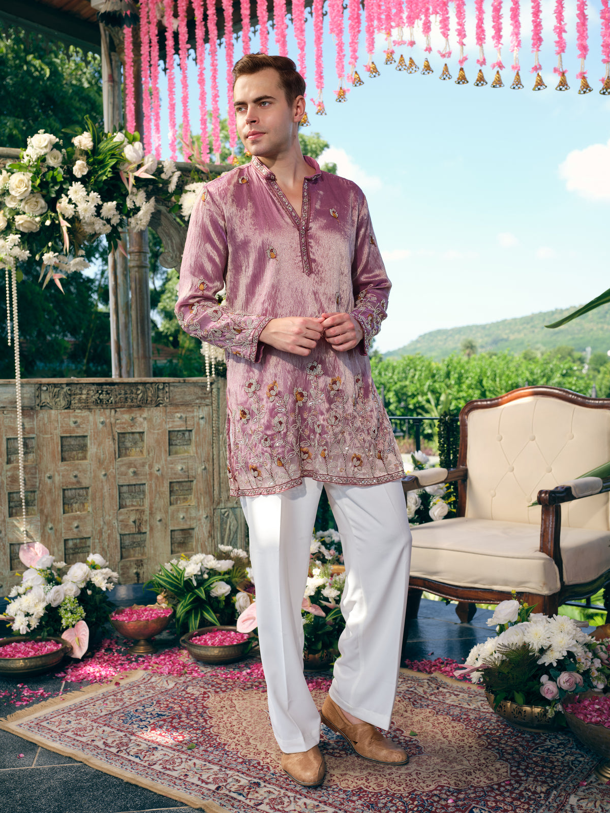 Mauve Shimmer Organza Short Kurta Set with Bead Work