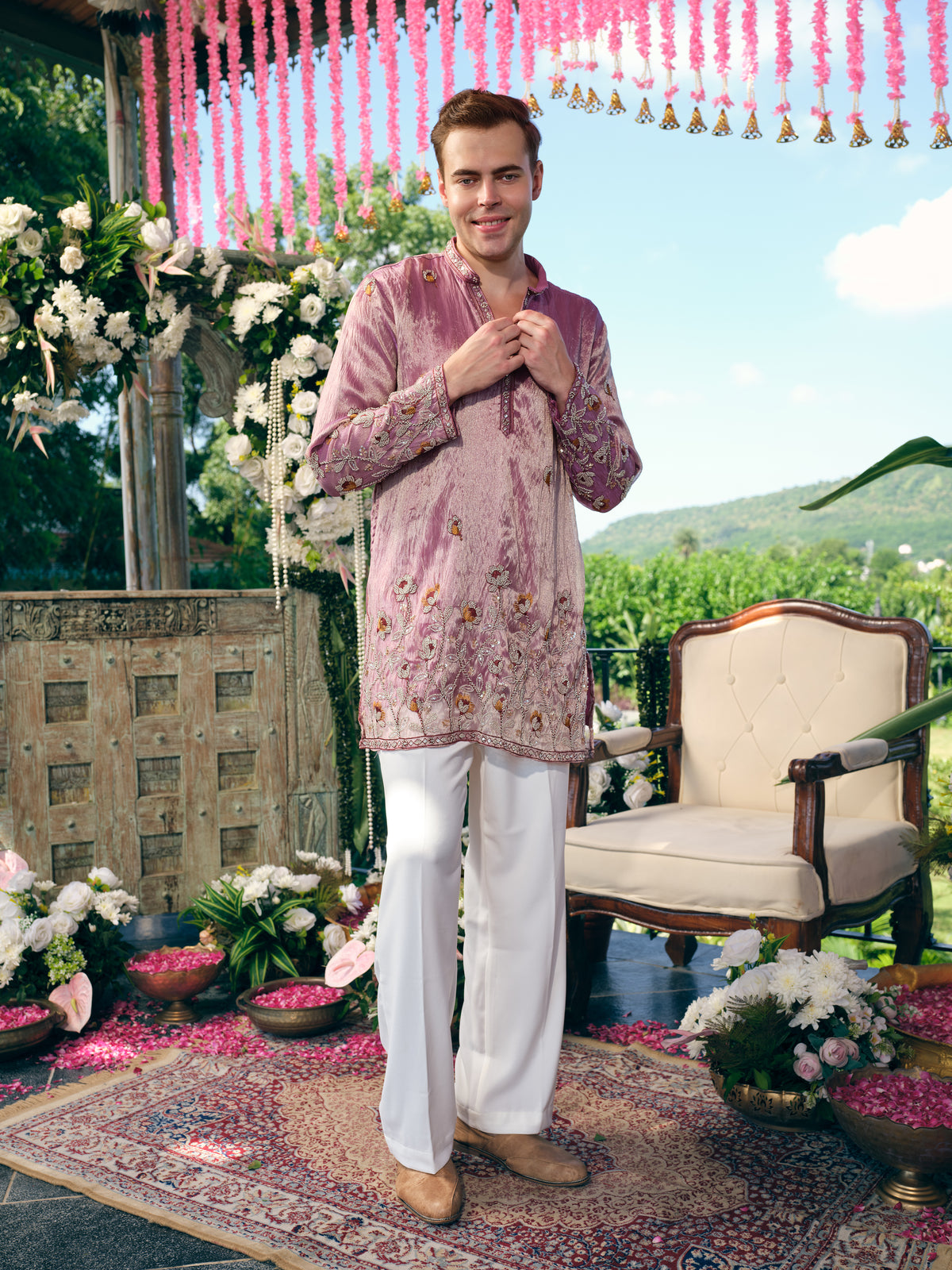Mauve Shimmer Organza Short Kurta Set with Bead Work