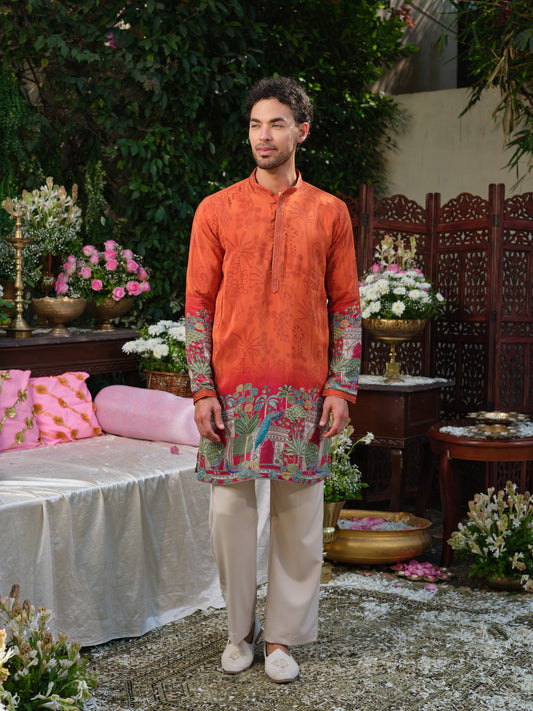 Orange Crepe Kurta–Bottom Set with Zari Embroidery & Position Print