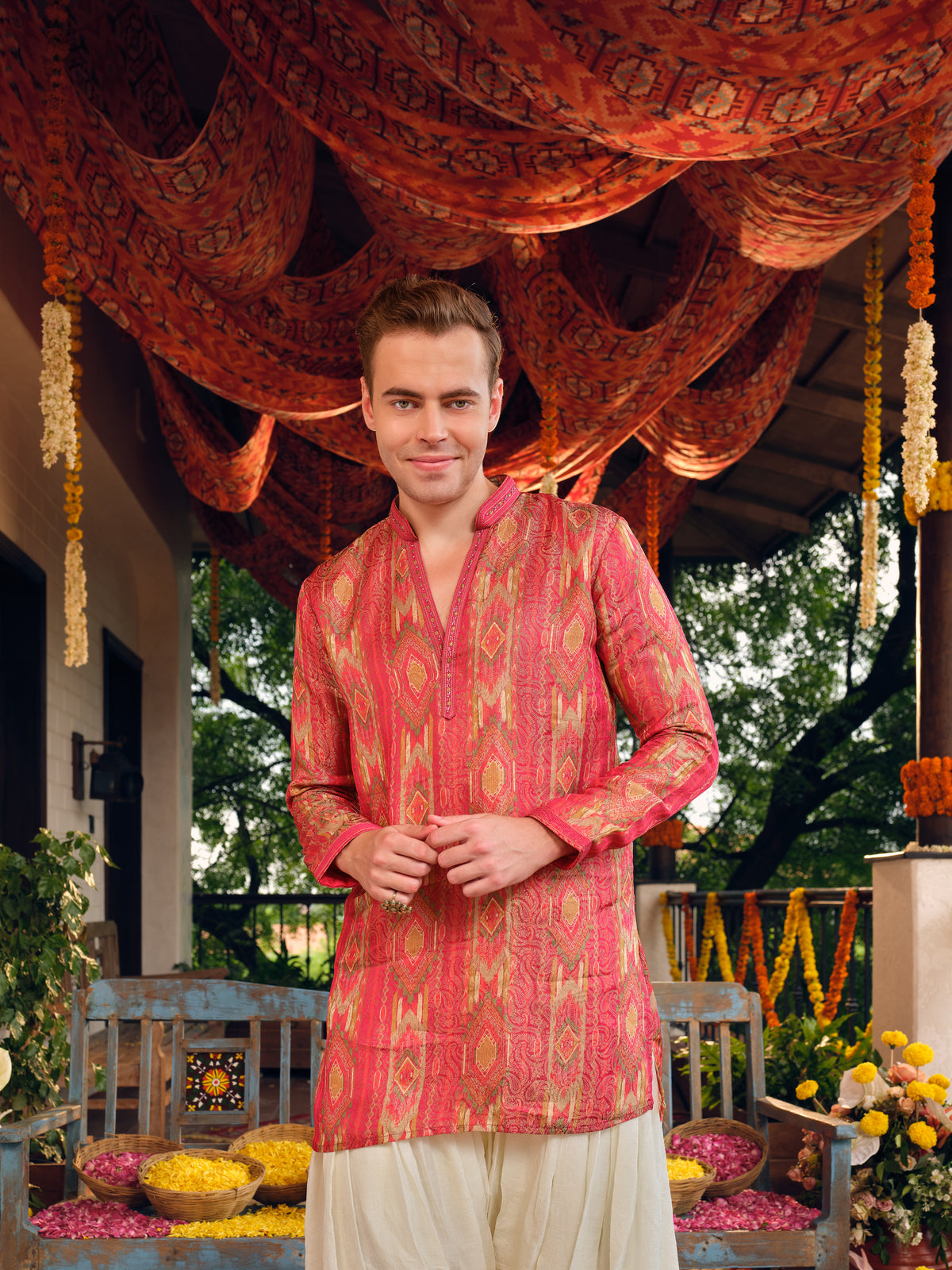 Persian Red Self Jacquard Short Kurta Set