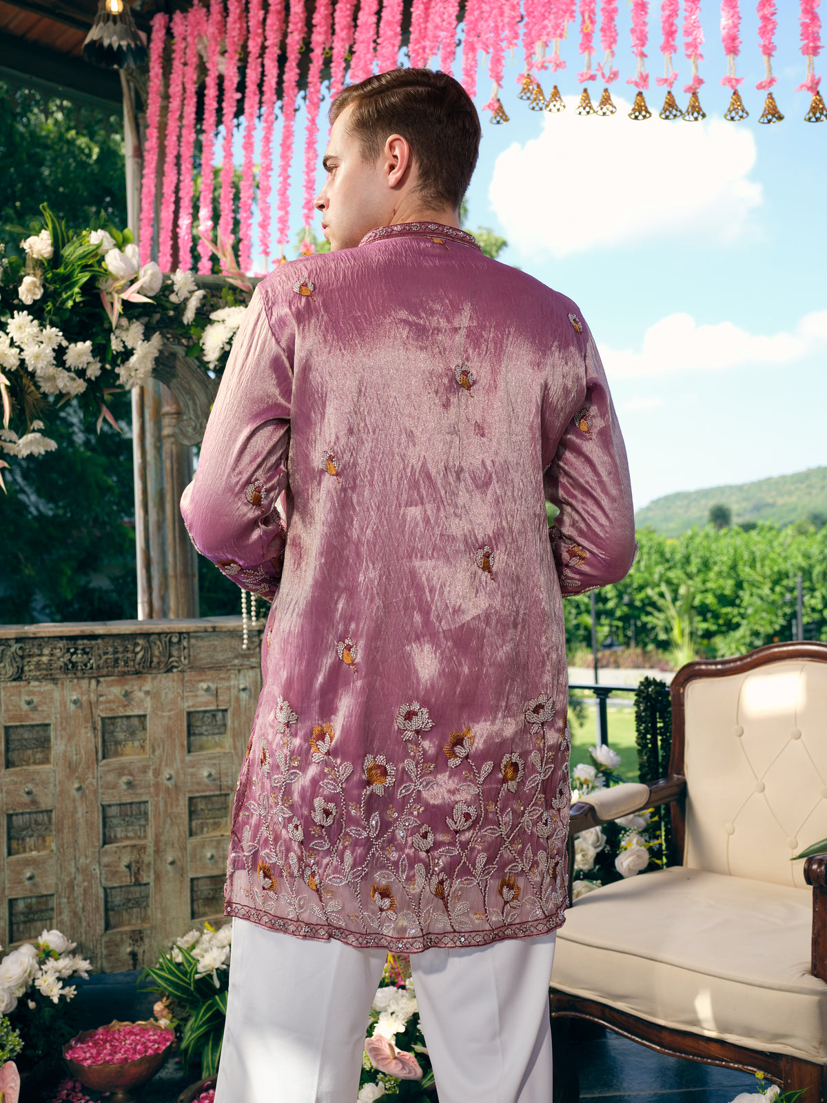 Mauve Shimmer Organza Short Kurta Set with Bead Work