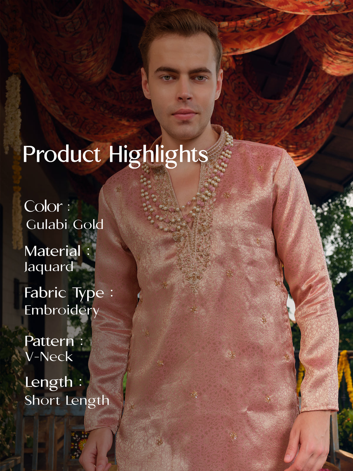 Gulabi Gold Jacquard Short Kurta Set with Bead Work