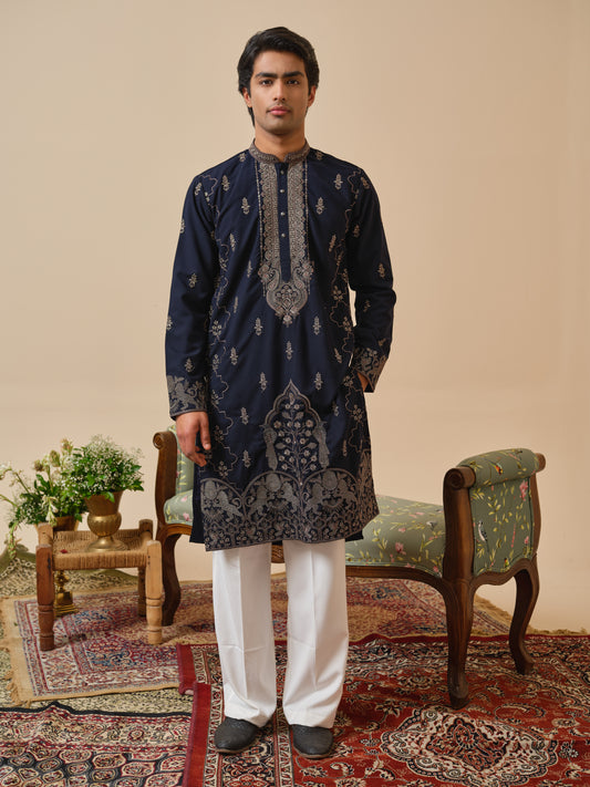 Midnight Blue Japanese Fabric Kurta–Bottom Set with Thread Work