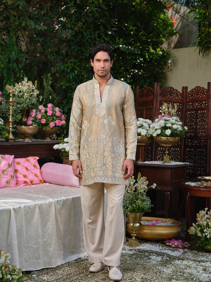 Warm Ivory Tissue Organza Kurta–Bottom Set with Swarovski Embellishment