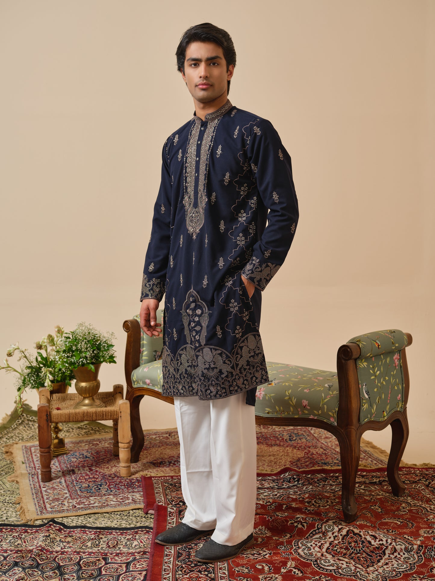 Midnight Blue Japanese Fabric Kurta–Bottom Set with Thread Work