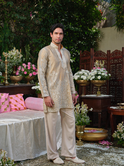 Warm Ivory Tissue Organza Kurta–Bottom Set with Swarovski Embellishment