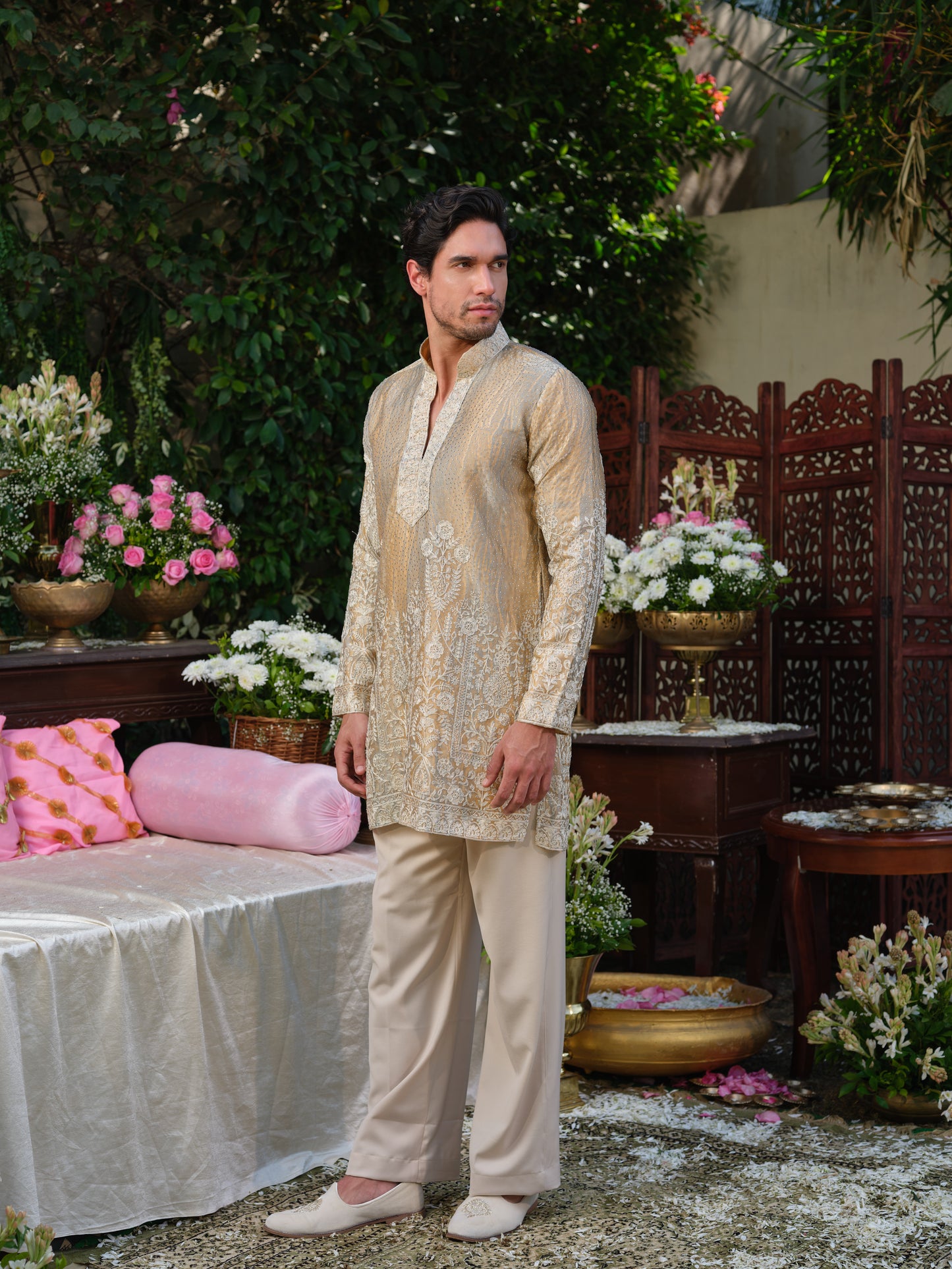 Warm Ivory Tissue Organza Kurta–Bottom Set with Swarovski Embellishment