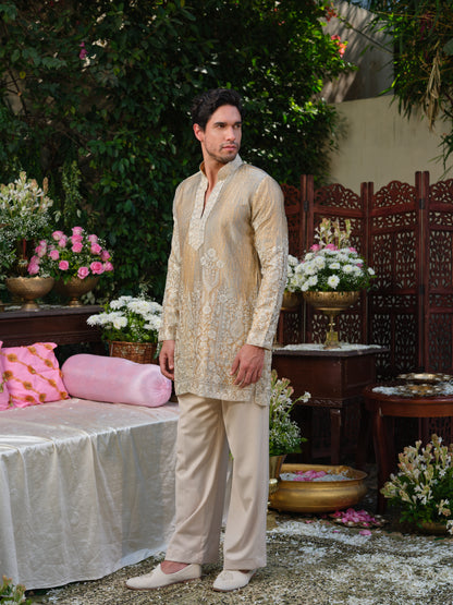 Warm Ivory Tissue Organza Kurta–Bottom Set with Swarovski Embellishment