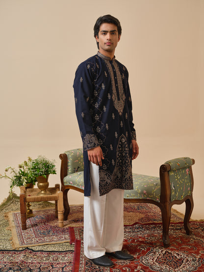 Midnight Blue Japanese Fabric Kurta–Bottom Set with Thread Work
