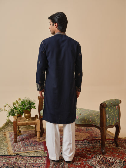 Midnight Blue Japanese Fabric Kurta–Bottom Set with Thread Work