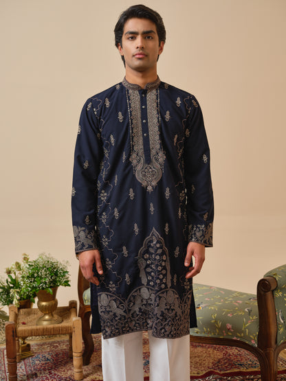 Midnight Blue Japanese Fabric Kurta–Bottom Set with Thread Work