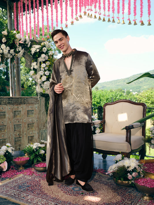 Black & Gold Madhurai Silk Kurta Dupatta Set with Bead Work