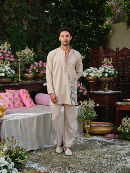 Beige Armani Kurta–Bottom Set with Hotfix Stone Design