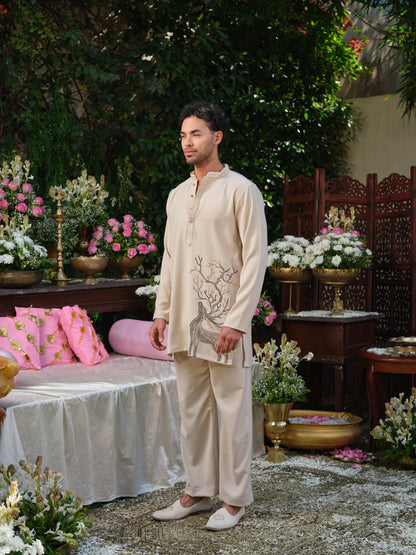 Beige Armani Kurta–Bottom Set with Hotfix Stone Design