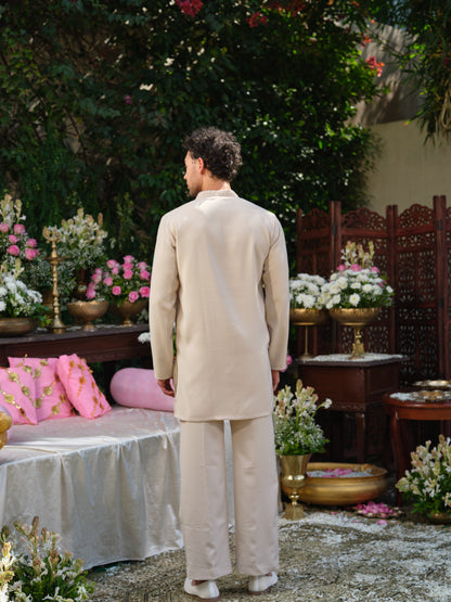 Beige Armani Kurta–Bottom Set with Hotfix Stone Design