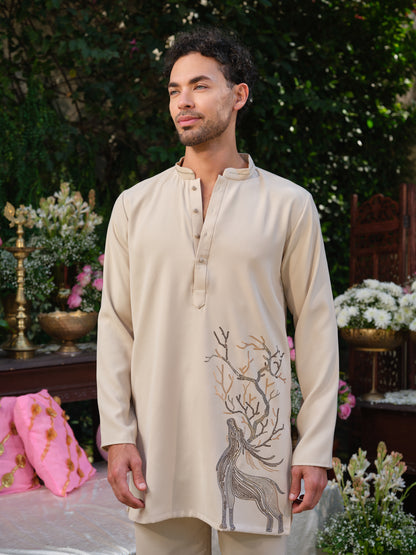 Beige Armani Kurta–Bottom Set with Hotfix Stone Design