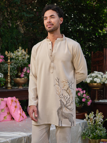 Beige Armani Kurta–Bottom Set with Hotfix Stone Design