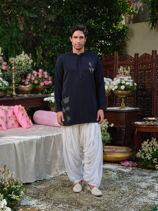 Navy Blue Armani Kurta–Bottom Set with Hotfix Stone Design