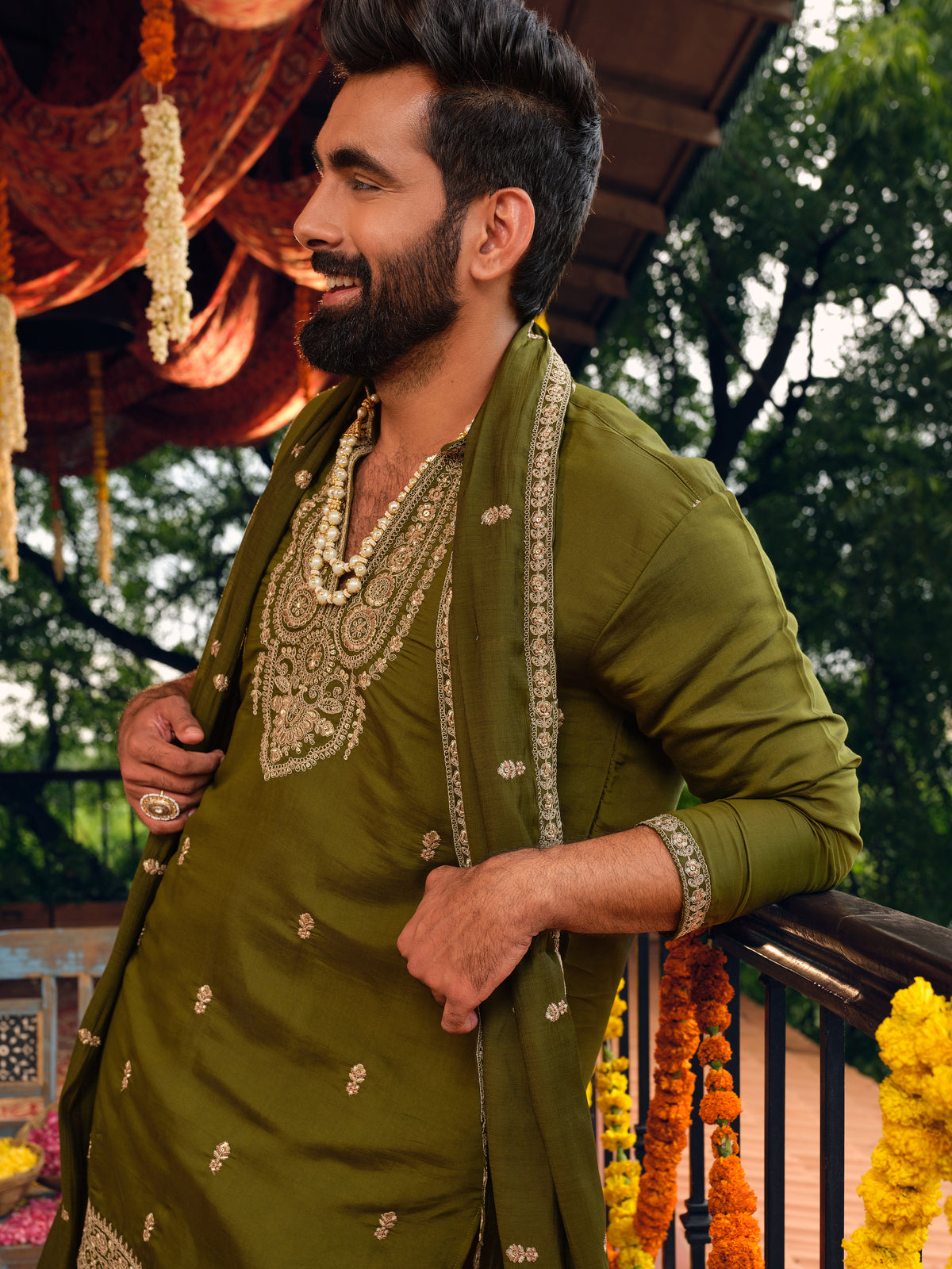 Mehfil Green Silk Kurta Dupatta Set with Embroidery