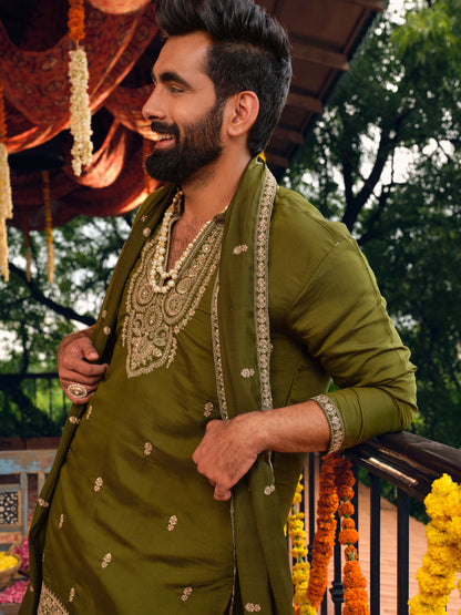 Mehfil Green Silk Kurta Dupatta Set with Embroidery