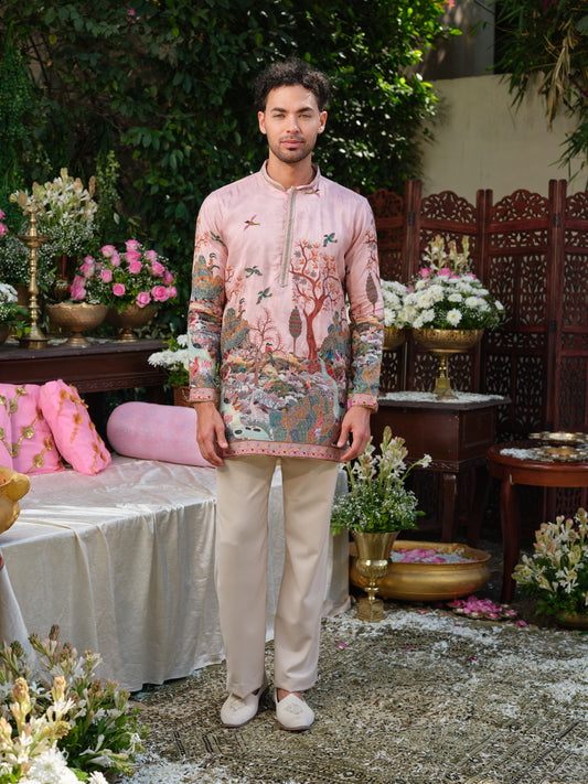 Pale Rose Viscose Silk Kurta–Bottom Set with Zari Position Print