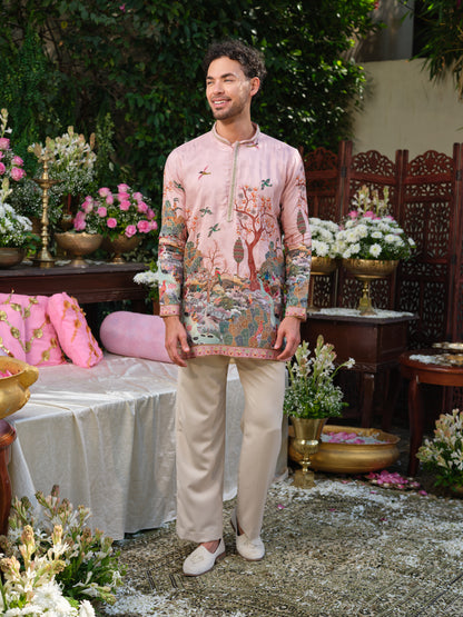 Pale Rose Viscose Silk Kurta–Bottom Set with Zari Position Print