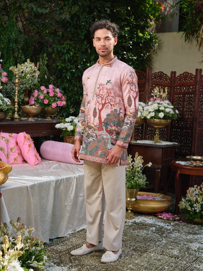 Pale Rose Viscose Silk Kurta–Bottom Set with Zari Position Print