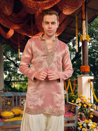 Gulabi Gold Jacquard Short Kurta Set with Bead Work