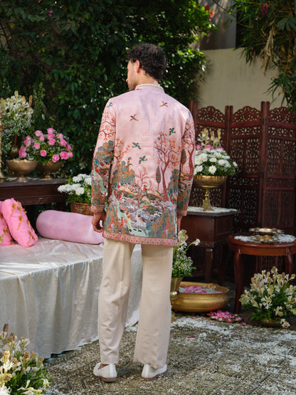 Pale Rose Viscose Silk Kurta–Bottom Set with Zari Position Print