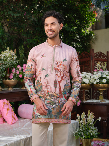 Pale Rose Viscose Silk Kurta–Bottom Set with Zari Position Print