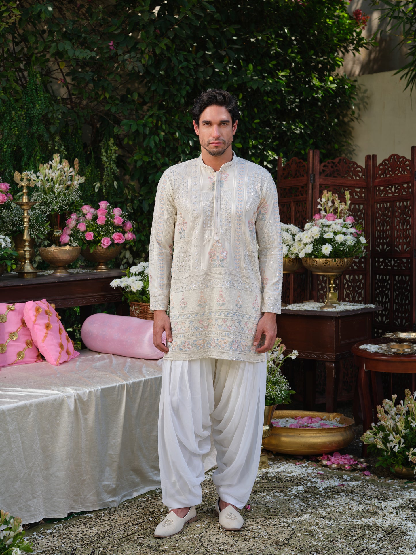 White Georgette Kurta–Bottom Set with Silver Zari and Thread Work Embroidery