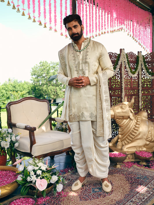 Cream Jacquard Dhoti Kurta Set with Gotta Patti Work