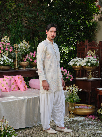 White Georgette Kurta–Bottom Set with Silver Zari and Thread Work Embroidery