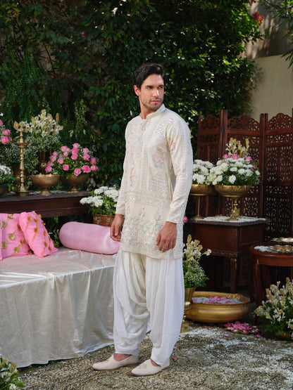 White Georgette Kurta–Bottom Set with Silver Zari and Thread Work Embroidery