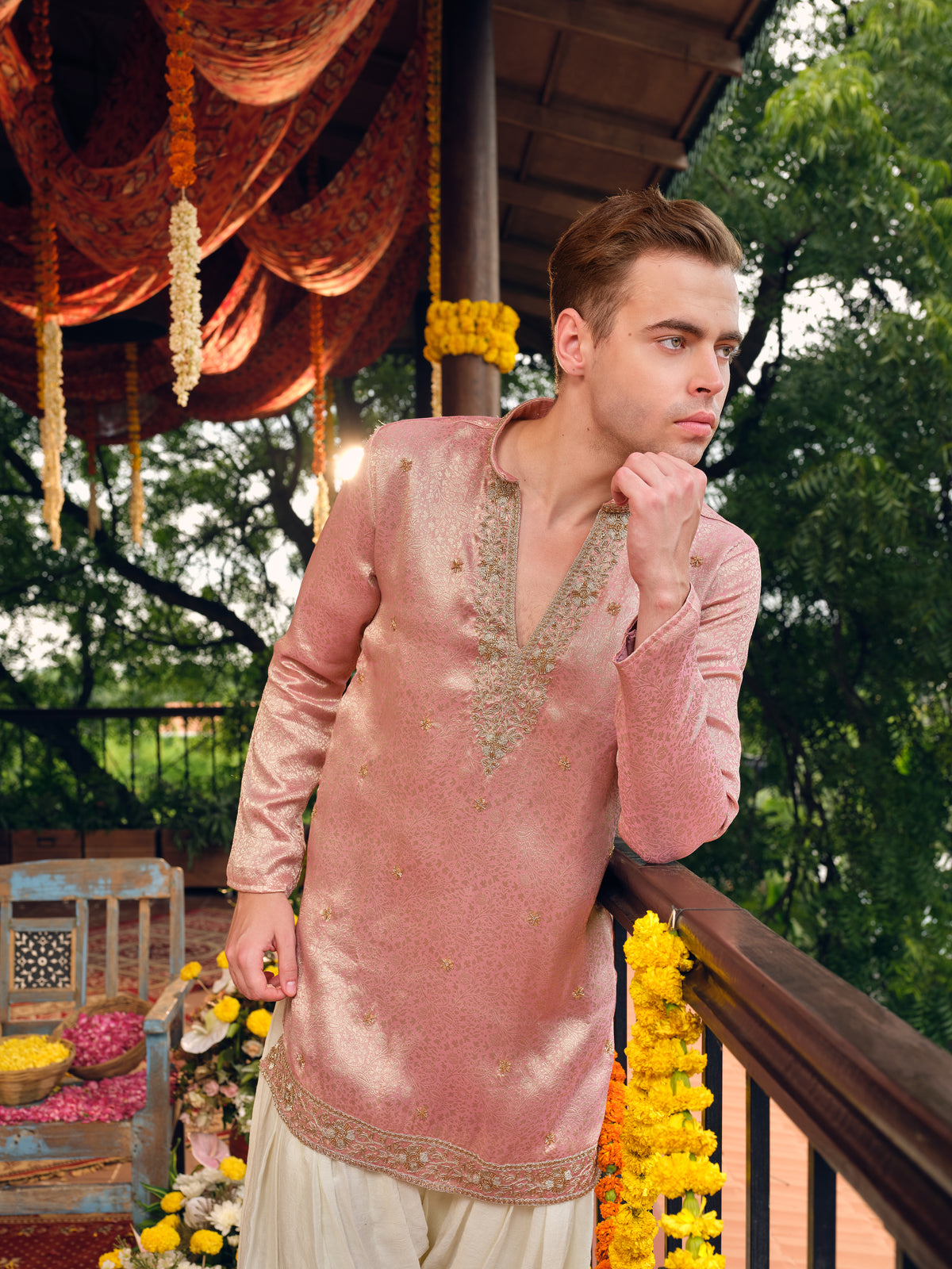 Gulabi Gold Jacquard Short Kurta Set with Bead Work