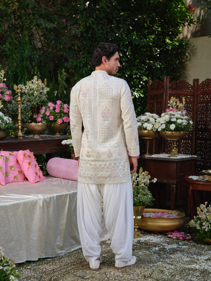 White Georgette Kurta–Bottom Set with Silver Zari and Thread Work Embroidery