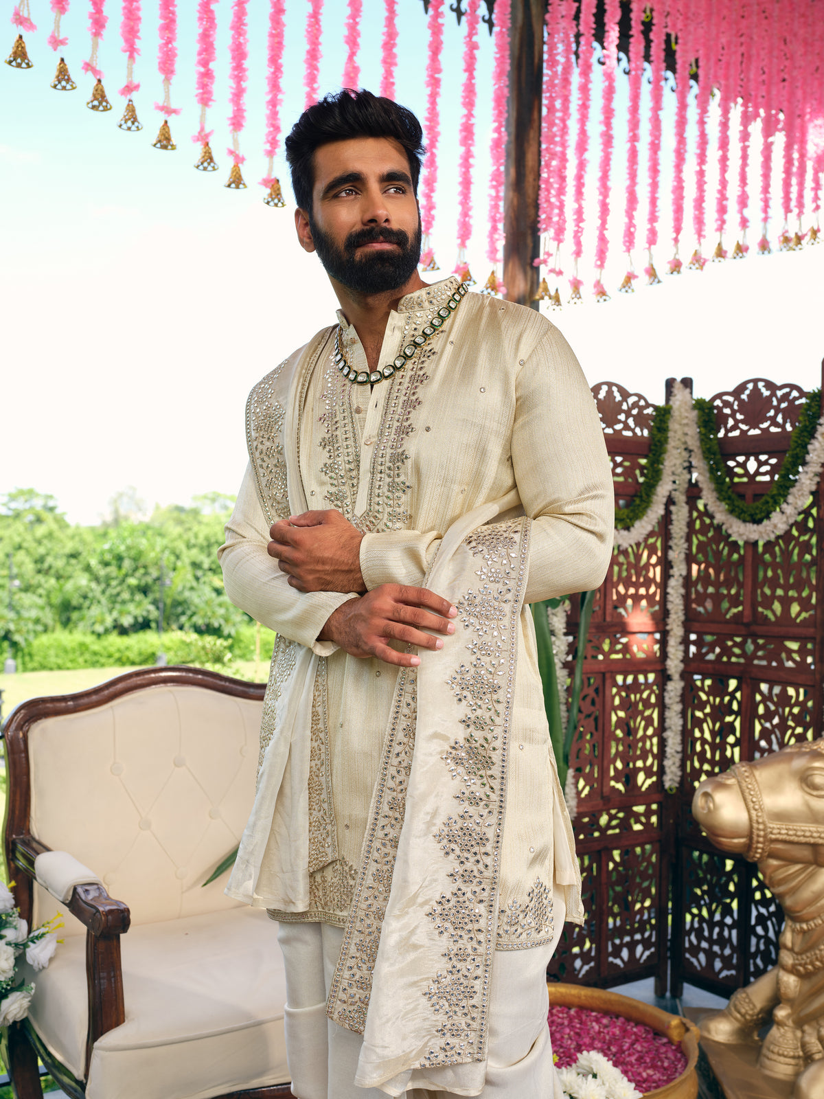 Cream Jacquard Dhoti Kurta Set with Gotta Patti Work