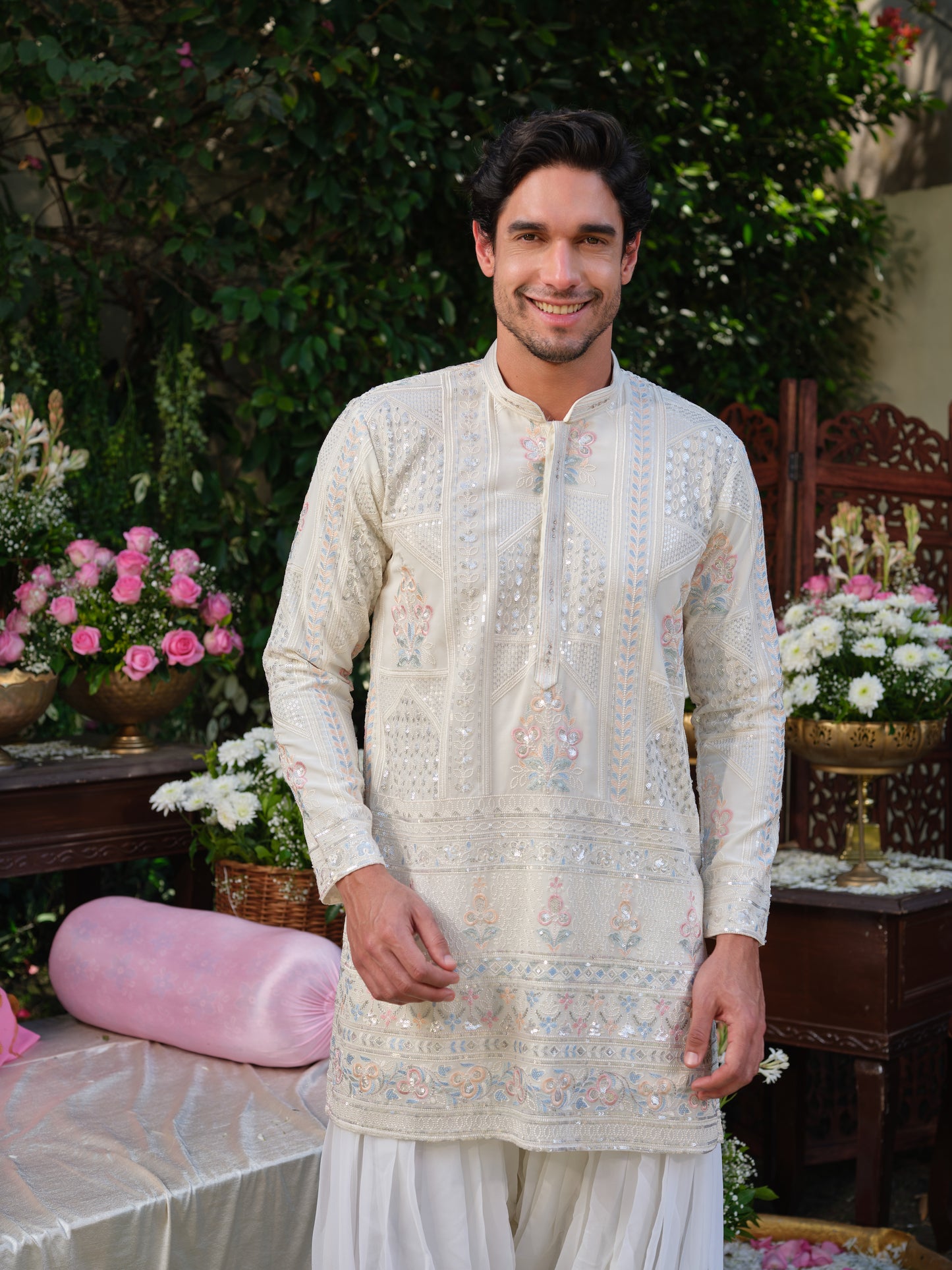 White Georgette Kurta–Bottom Set with Silver Zari and Thread Work Embroidery