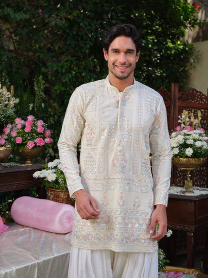 White Georgette Kurta–Bottom Set with Silver Zari and Thread Work Embroidery