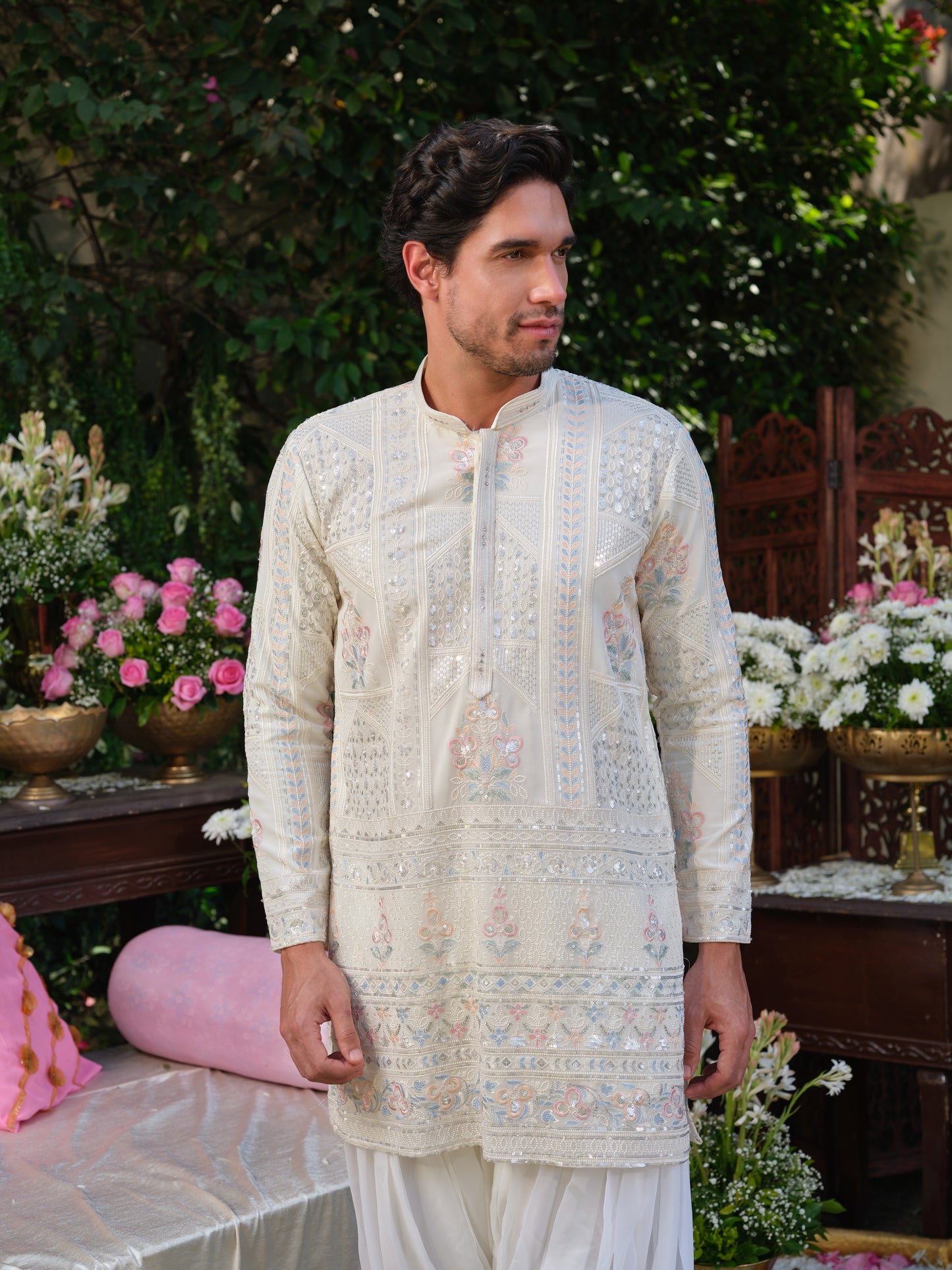 White Georgette Kurta–Bottom Set with Silver Zari and Thread Work Embroidery