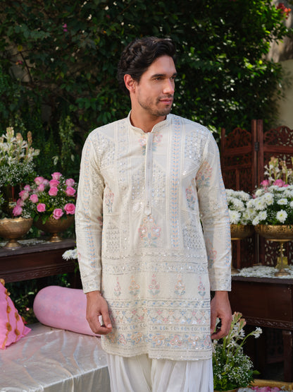 White Georgette Kurta–Bottom Set with Silver Zari and Thread Work Embroidery