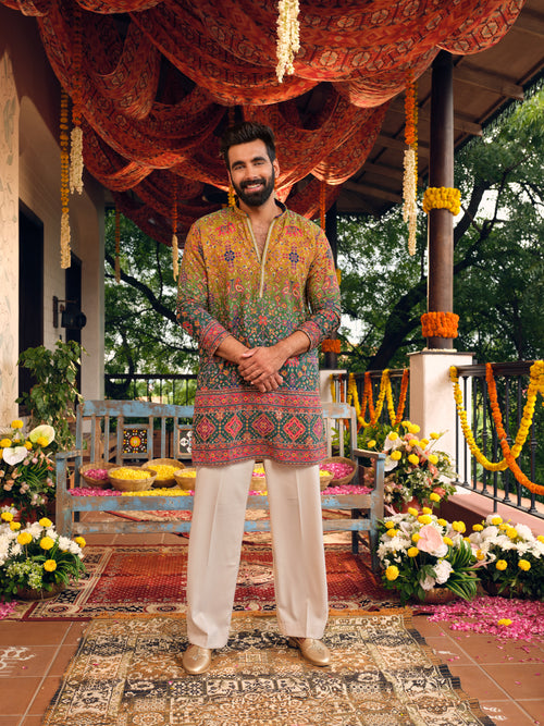 Peacock Natural Crepe Short Kurta Set with Position Print