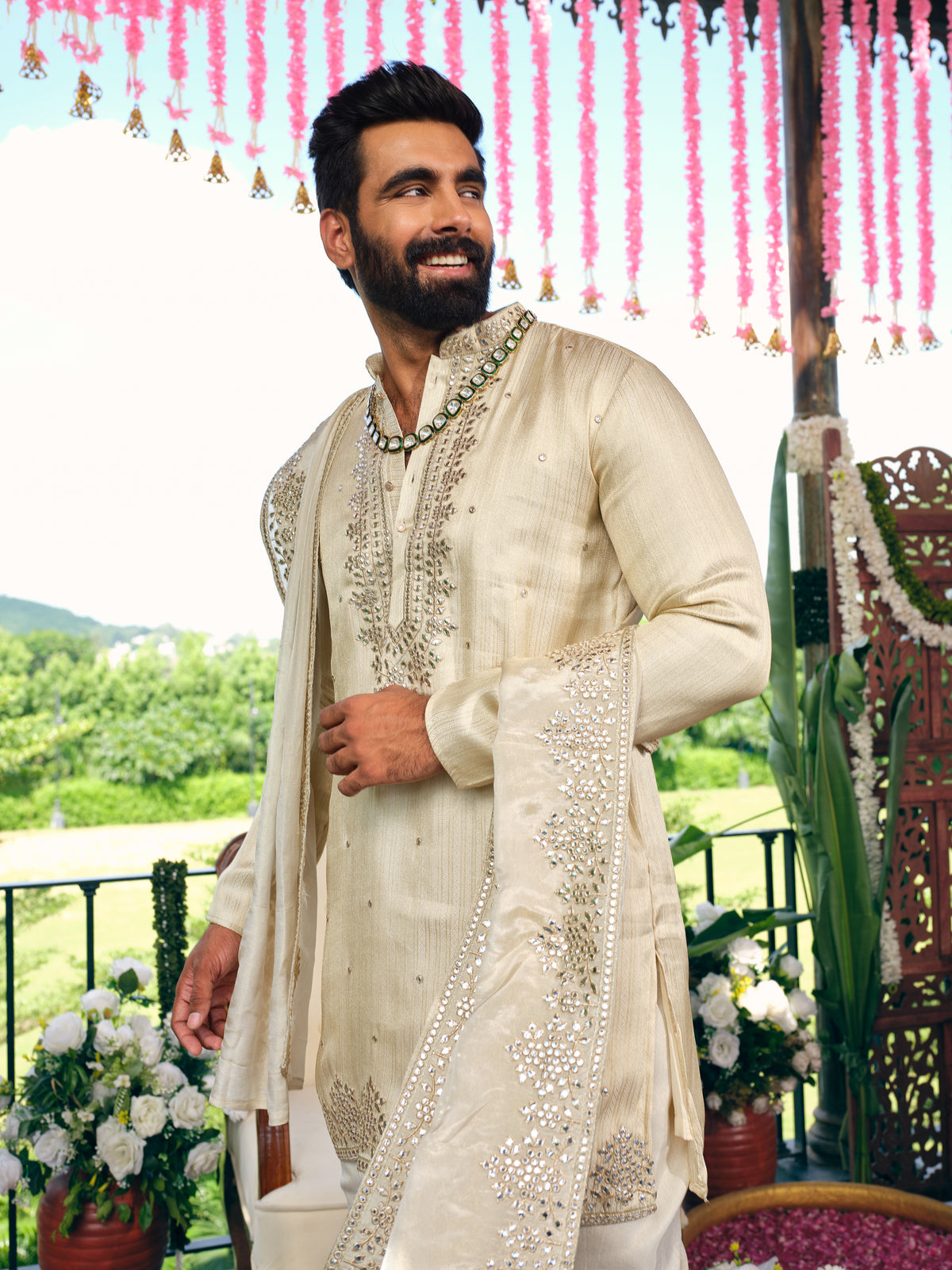Cream Jacquard Dhoti Kurta Set with Gotta Patti Work