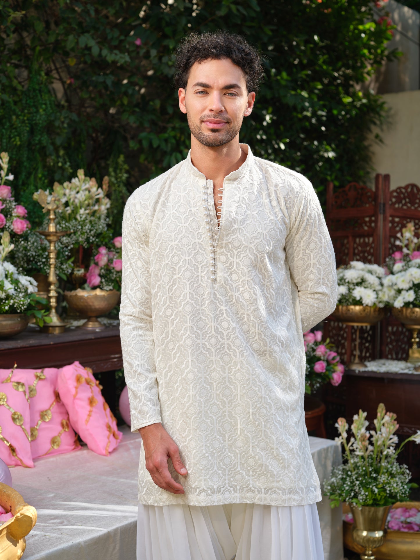 White Georgette Kurta–Bottom Set with Thread Work Embroidery