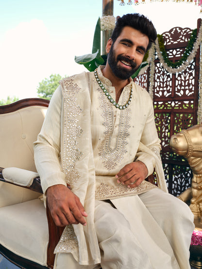 Cream Jacquard Dhoti Kurta Set with Gotta Patti Work