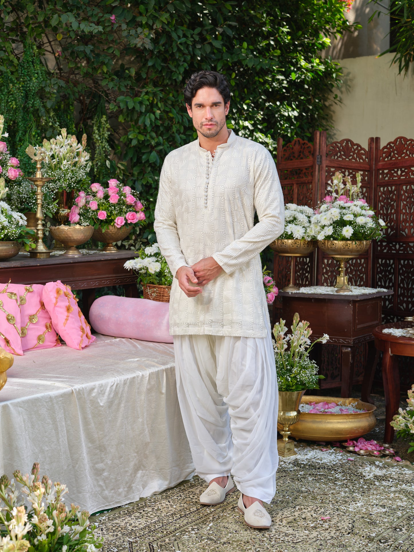 White Thread-Embroidered Georgette Kurta–Bottom Set