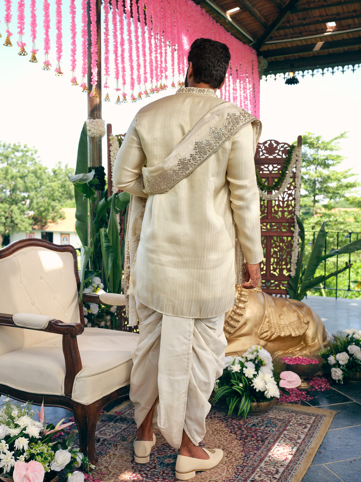 Cream Jacquard Dhoti Kurta Set with Gotta Patti Work