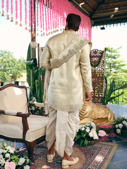 Cream Jacquard Dhoti Kurta Set with Gotta Patti Work