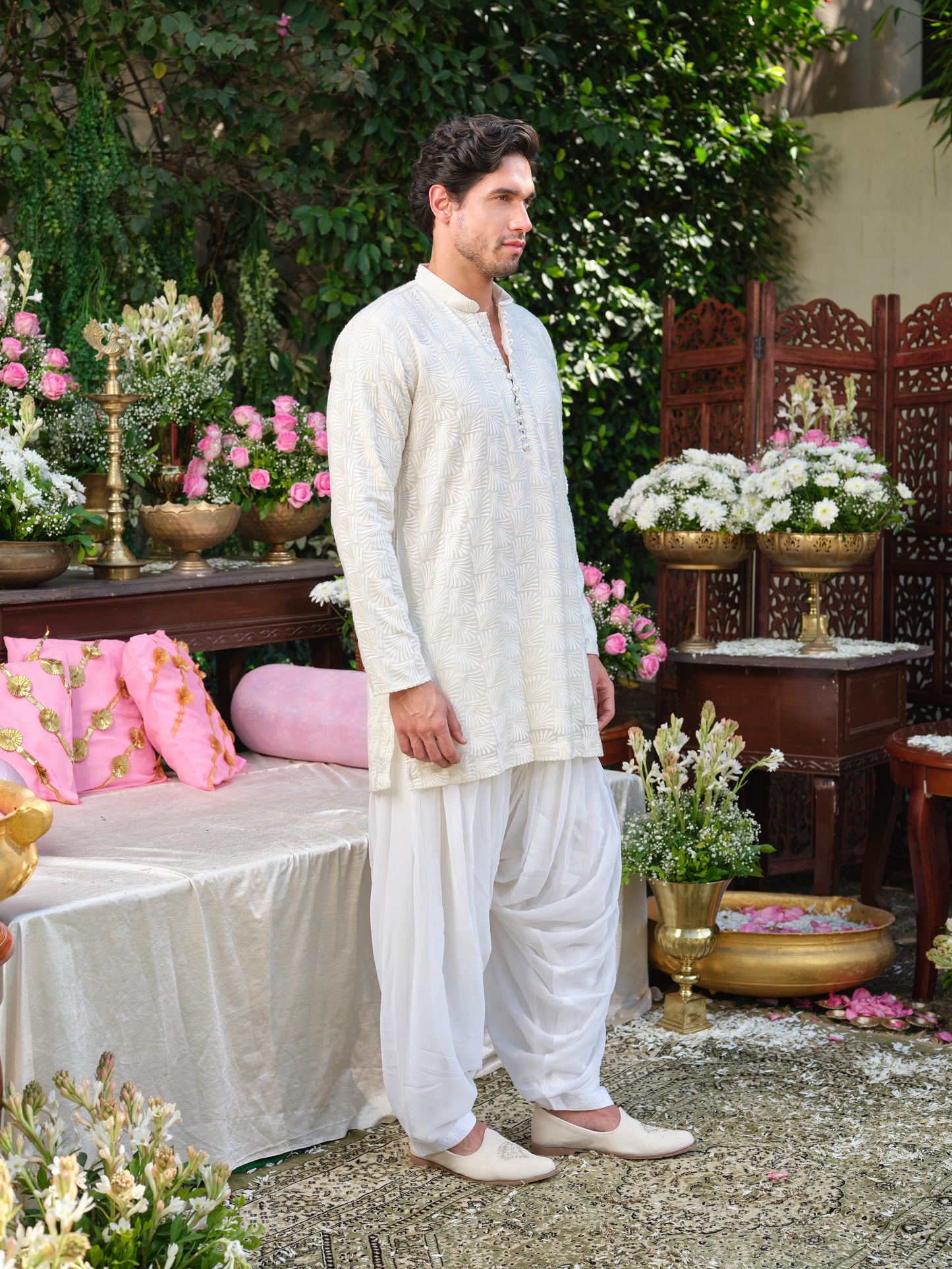 White Thread-Embroidered Georgette Kurta–Bottom Set