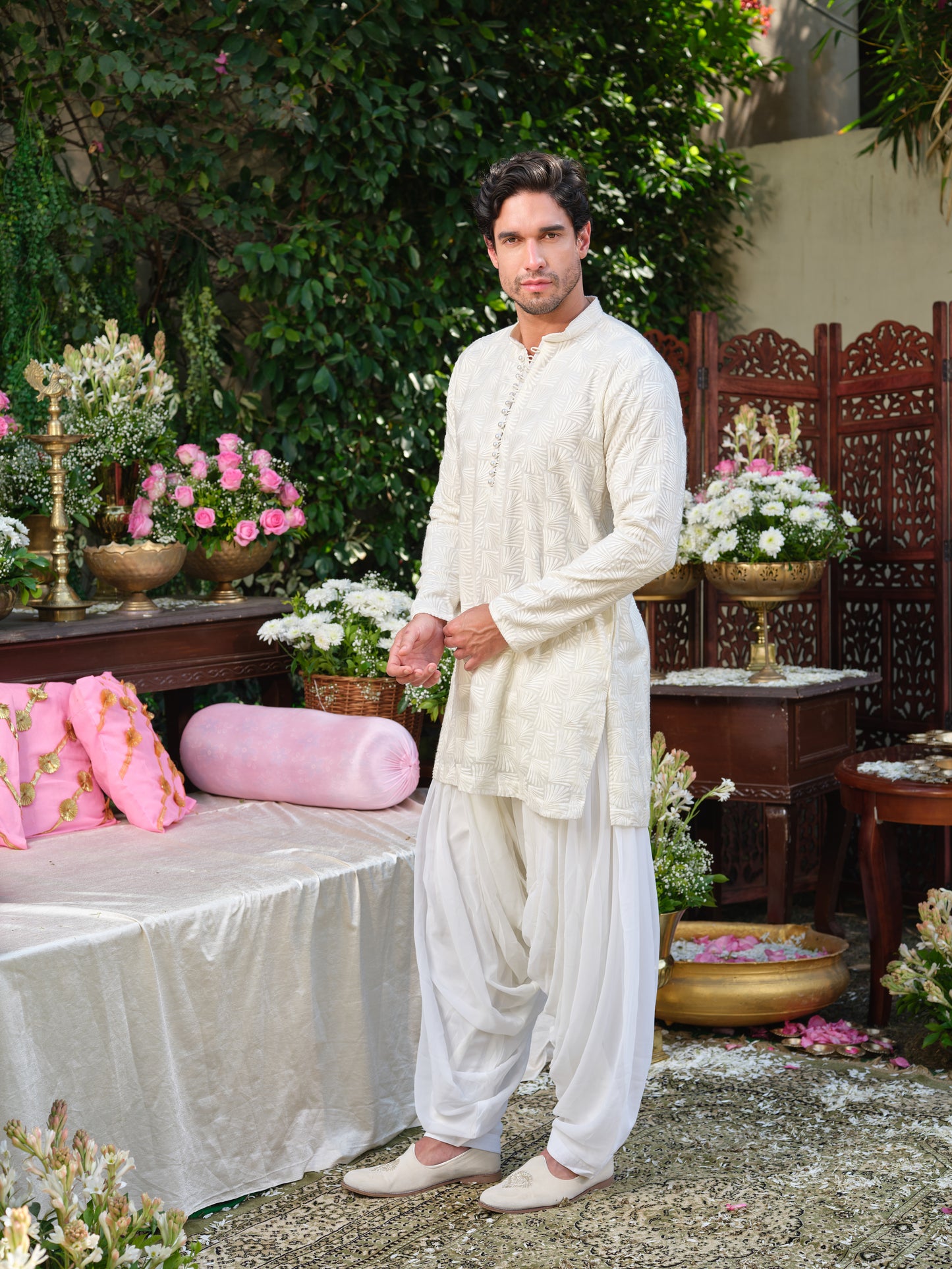 White Thread-Embroidered Georgette Kurta–Bottom Set